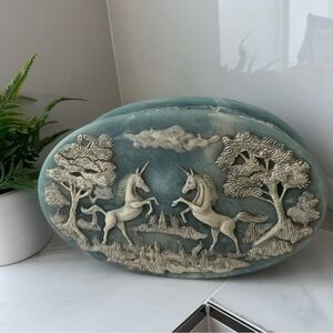 1960’s Elegant Unicorn Relief Sculpture in Teal and Cream